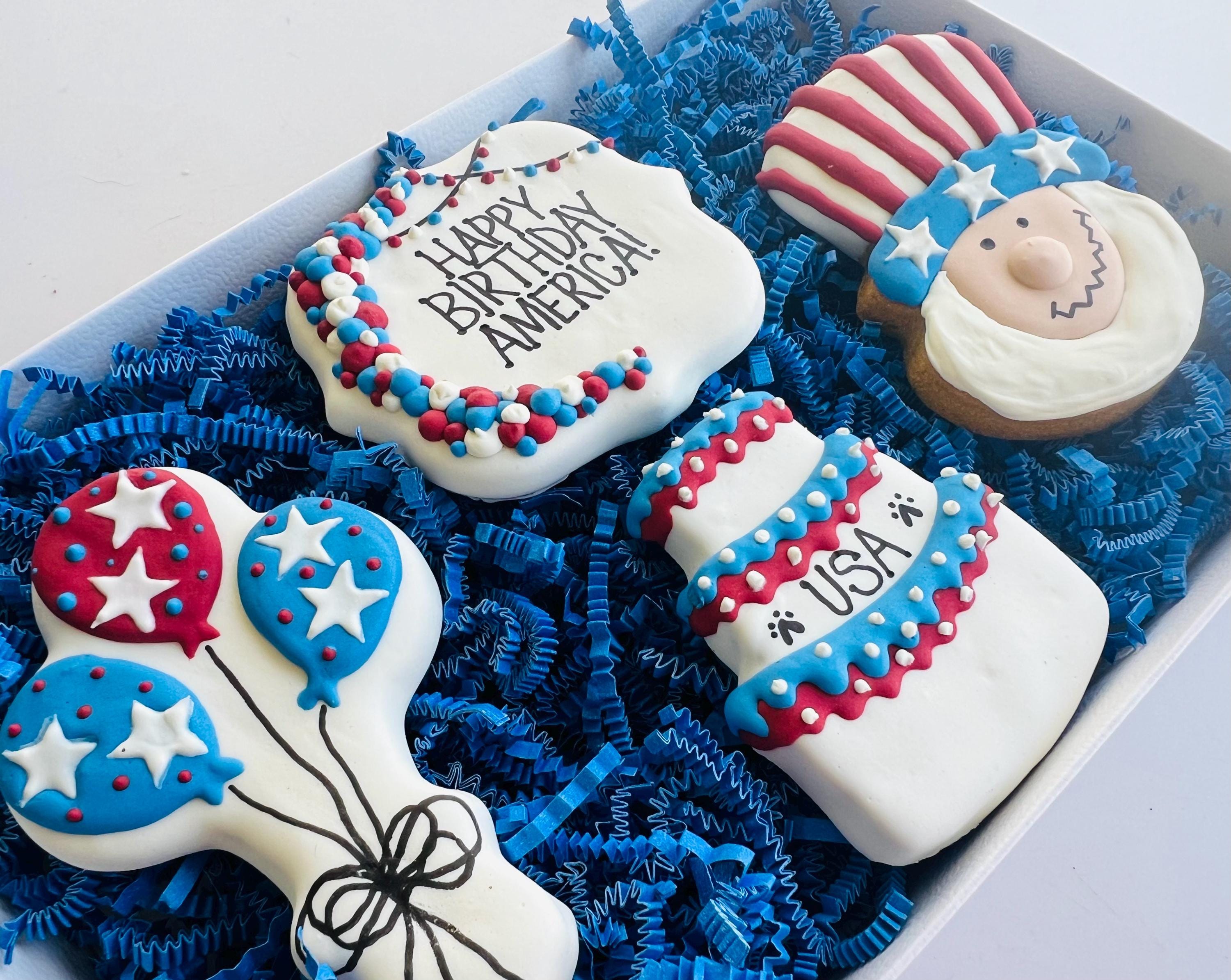 America Birthday Dog Treat Box | Patriotic Iced Dog Treats